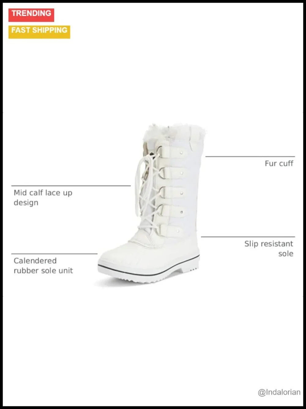 Nylon Snow Boot Mid Calf Lace Up Fur Lined Waterproof